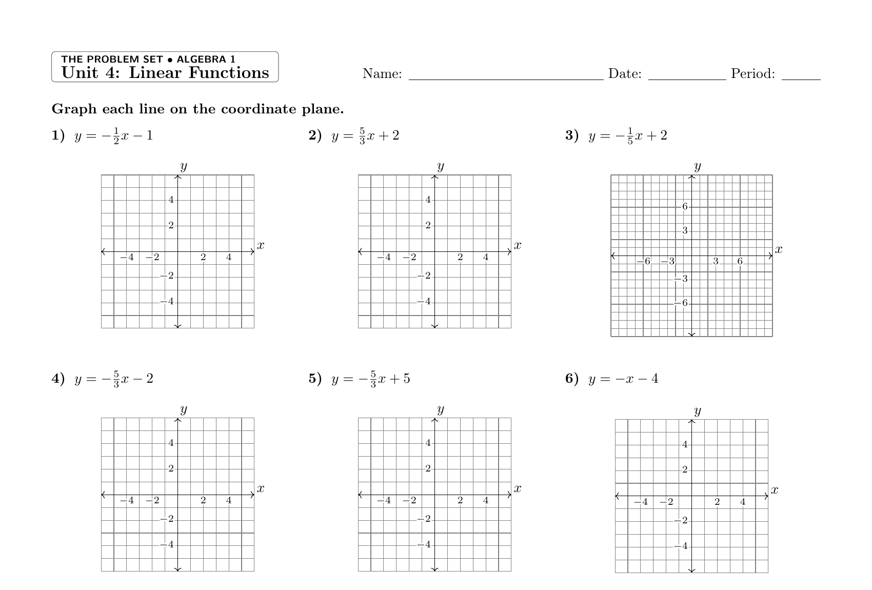 Actual Algebra 1 worksheet with graphs and equations laid out three across.